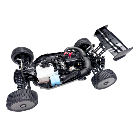 Unassembled model car chassis on a white background