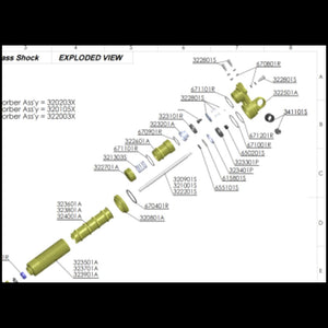 Technical diagram of an MCD shock assembly with labeled parts on a white background