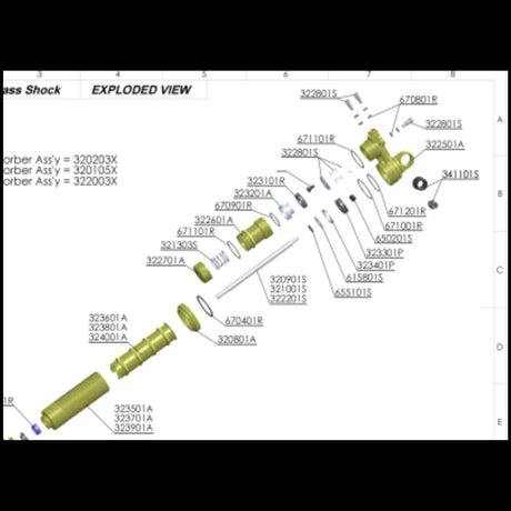 Technical diagram of an MCD shock assembly with labeled parts on a white background