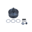 Mechanical component kit with a large cylindrical part and smaller components on a white background