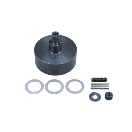 Mechanical component kit with a large cylindrical part and smaller components on a white background