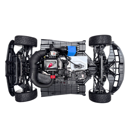 Top-down view of a mechanical model with visible components on a white background