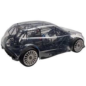 Car body shell with transparent plastic wrap on a white background