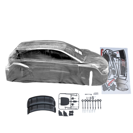 Car body kit with tools and decals on a white background
