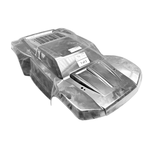 Clear plastic model car body on a white background
