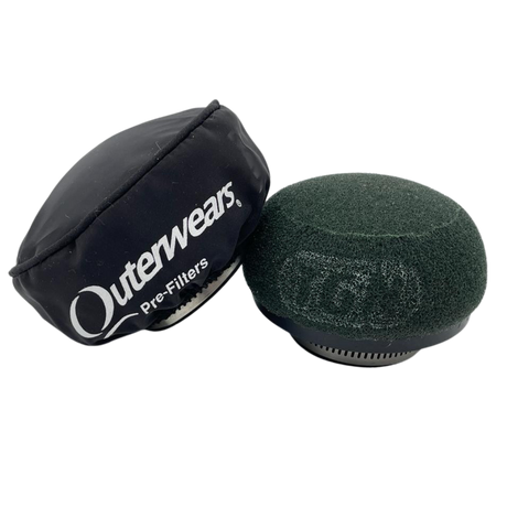 Black Outerwears pre-filter and green foam filter on a white background