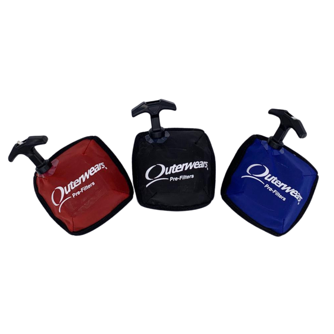 Three Outerwears pre-filters in red, black, and blue on a white background