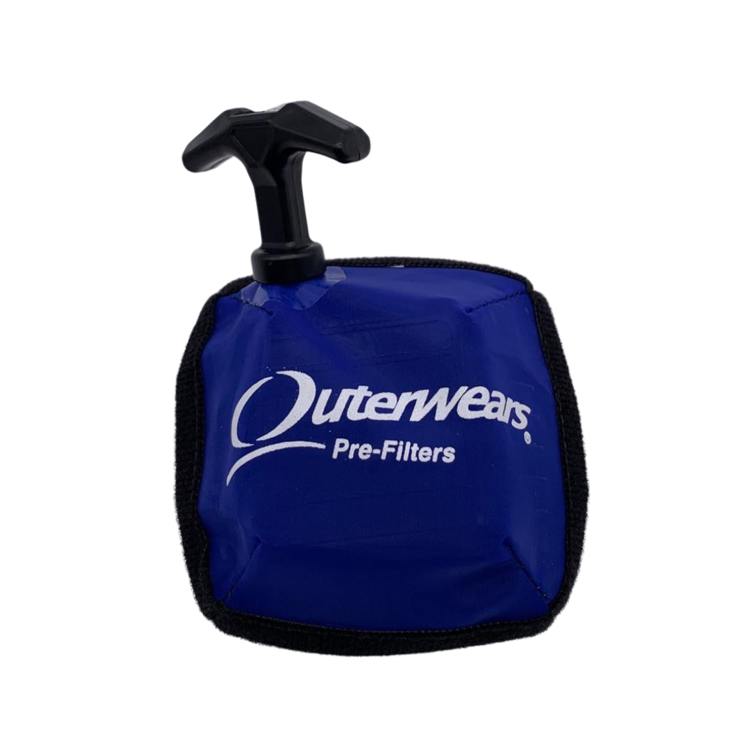 Blue filter bag with black handle and 'OuterWears Pre-Filters' text on a white background