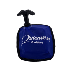 Blue filter bag with black handle and 'OuterWears Pre-Filters' text on a white background
