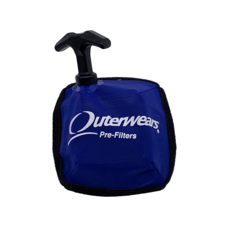 Blue filter bag with black handle and 'OuterWears Pre-Filters' text on a white background