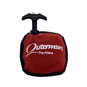 Red filter with black handle and 'Outerwears' branding on a white background