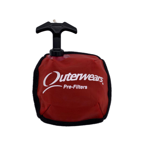 Red filter with black handle and 'Outerwears' branding on a white background