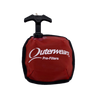 Red filter with black handle and 'Outerwears' branding on a white background