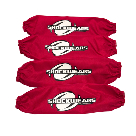 Four red 'Shockwears' protective covers on a white background