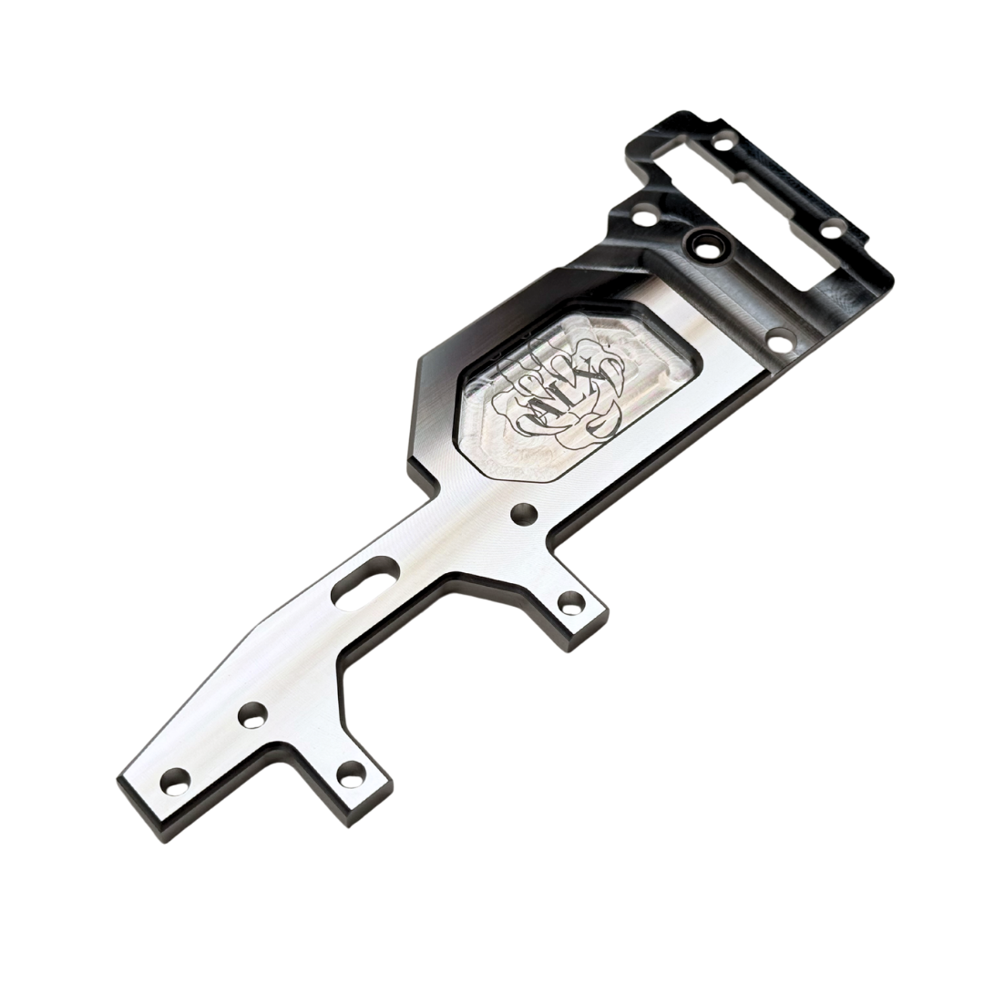 Outlaw billet ALX Twin 80 and 100cc upper deck in raw silver, top view, with engraved ALX claw logo, slotted hole and mounting holes