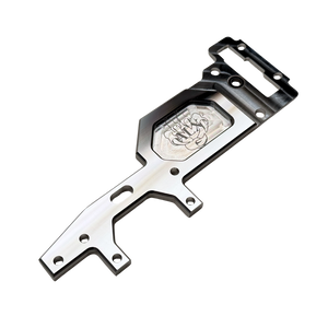 Outlaw billet ALX Twin 80 and 100cc upper deck in raw silver, top view, with engraved ALX claw logo, slotted hole and mounting holes