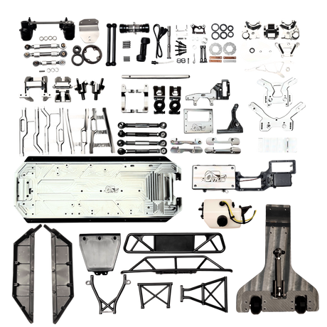 Full contents of the Outlaw V4 Billet Hybrid Slider kit version laid out including chassis, arms, towers, wheelie bar and hardware