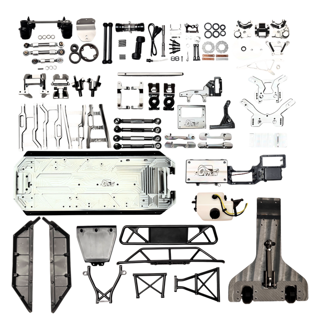 Full contents of the Outlaw V4 Billet Hybrid Slider kit version laid out including chassis, arms, towers, wheelie bar and hardware