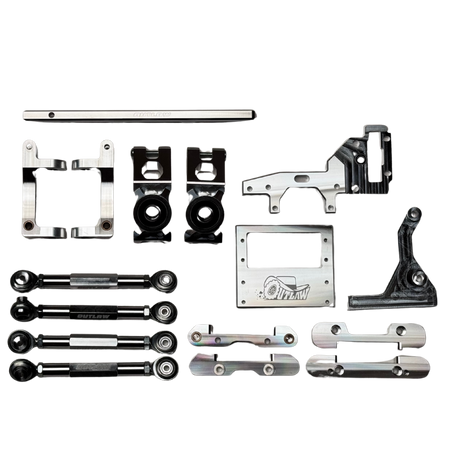 Outlaw V4 Billet Hybrid Slider kit version chassis braces, links and mounts in raw silver aluminium