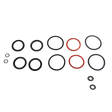 Set of black and red O-rings on a white background