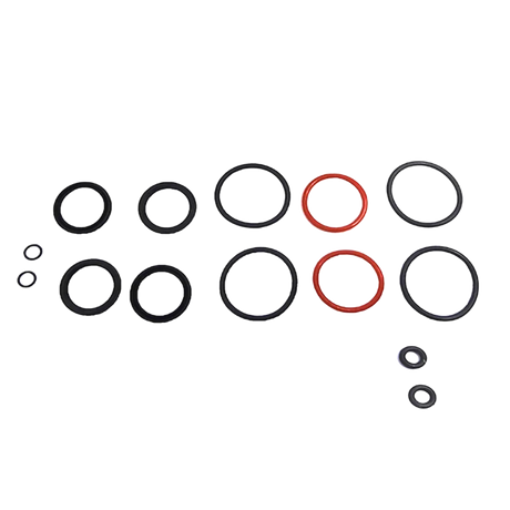 Set of black and red O-rings on a white background