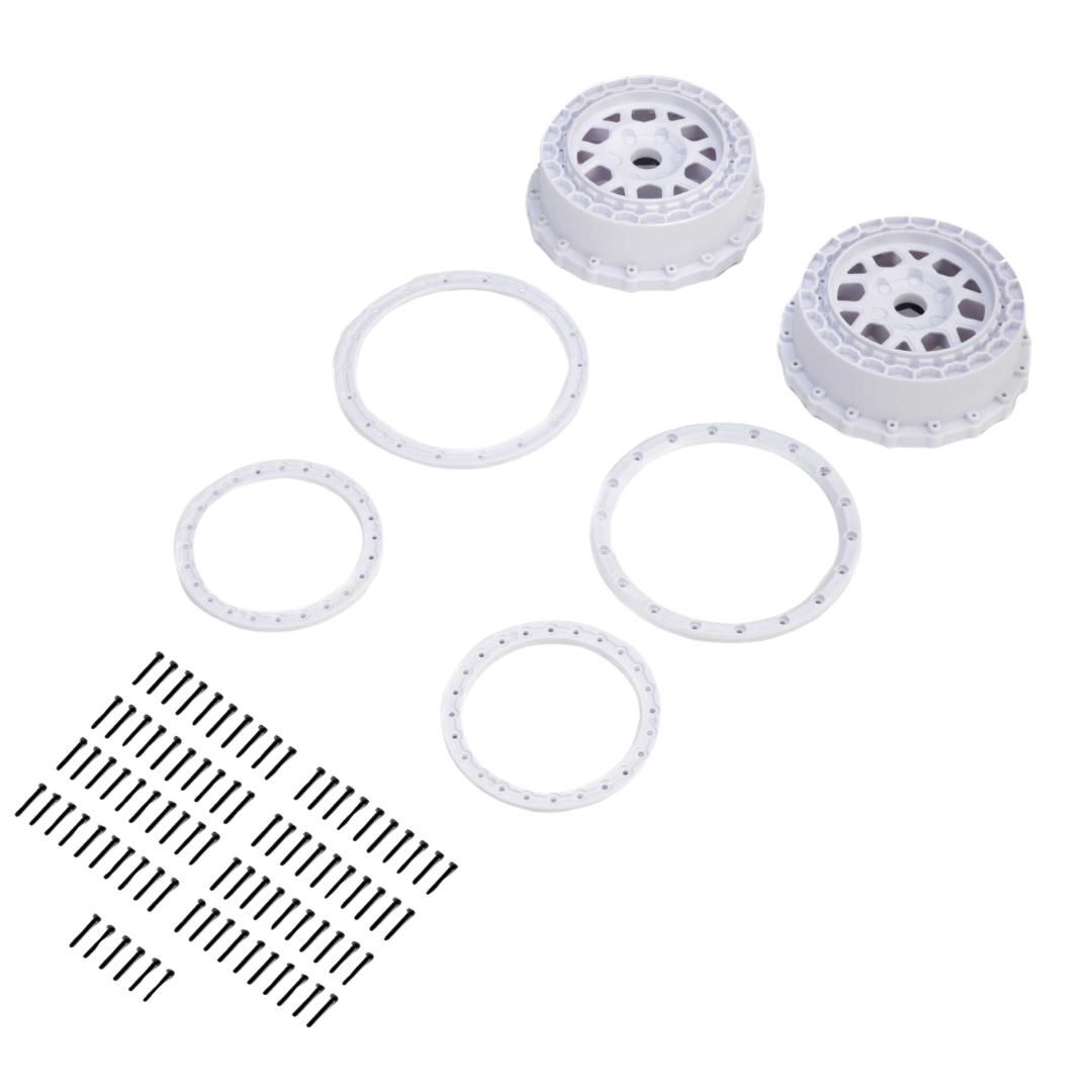 Set of white wheel hubs and spacers on a white background