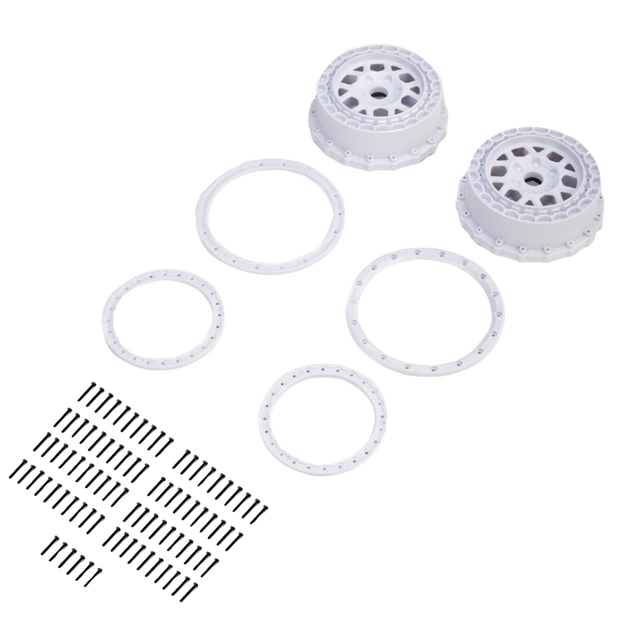 Set of white wheel hubs and spacers on a white background