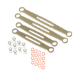 Set of gold metal brackets with small components on a white background