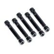 Set of six black cylindrical metal components on a white background