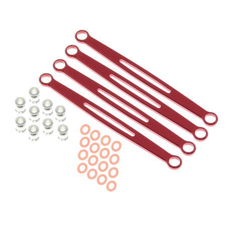 Red metal brackets and small components on a white background