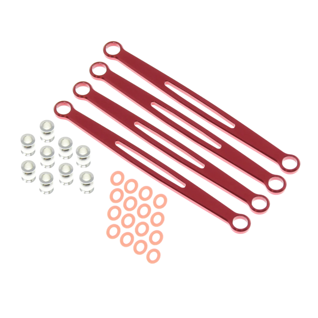 Red metal brackets and small components on a white background