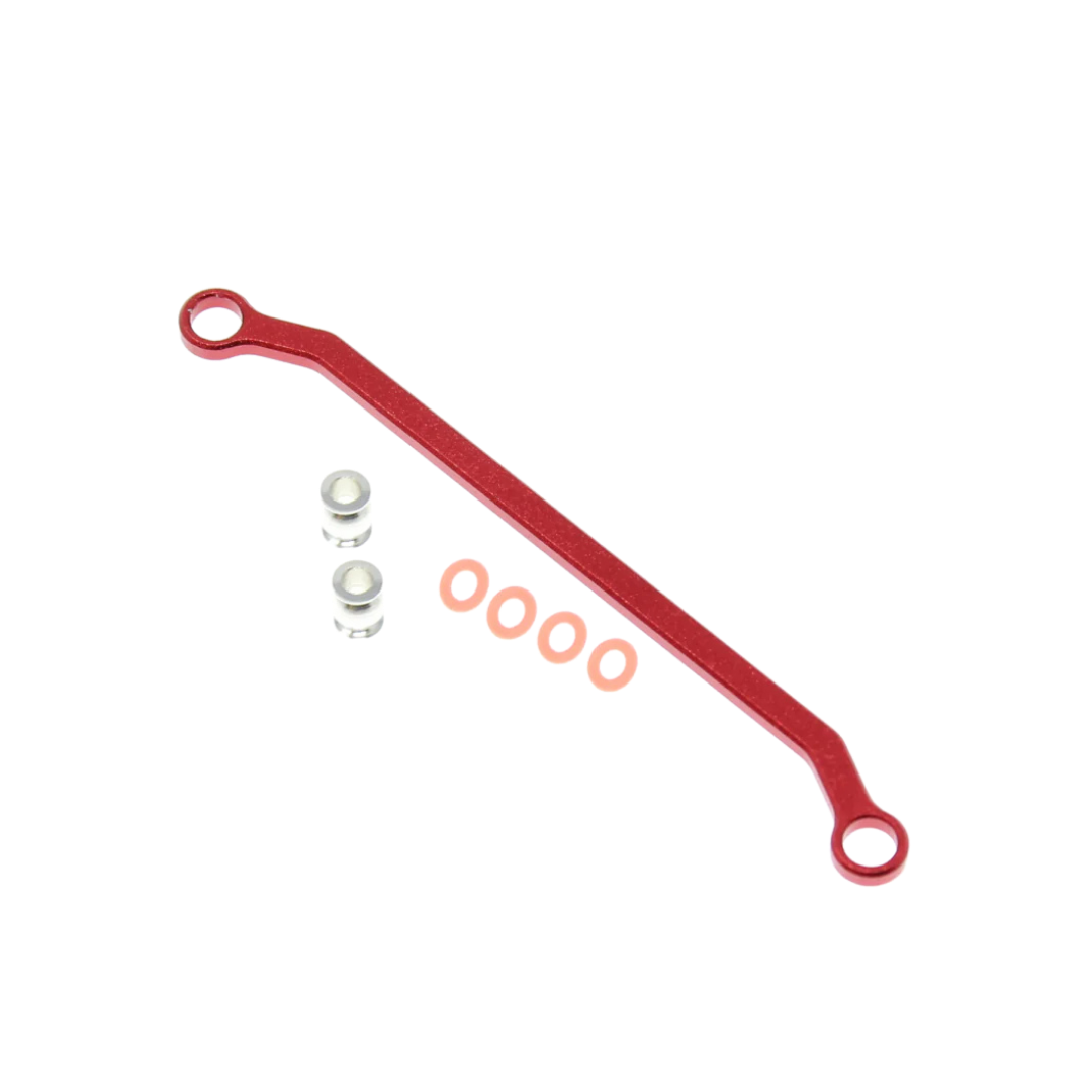 Red metal linkage with small metal components on a white background