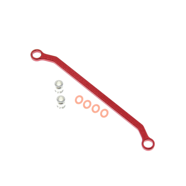 Red metal linkage with small metal components on a white background