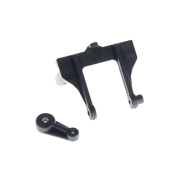 Black plastic mechanical components on a white background