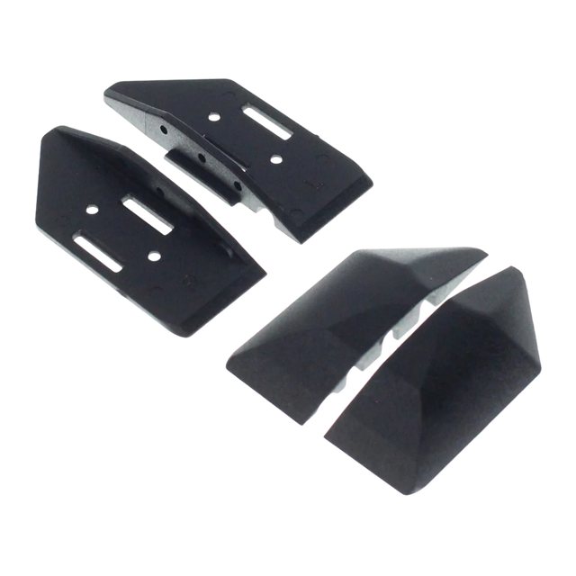 Three black plastic brackets on a white background