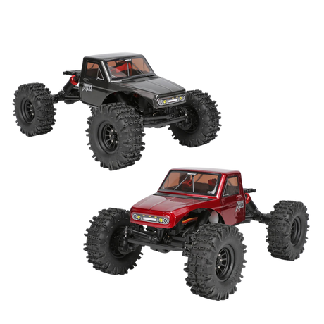 Two remote control monster trucks, one red and one black, on a white background.