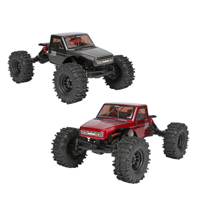 Two remote control monster trucks, one red and one black, on a white background.