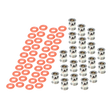 Set of red washers and silver metal washers on a white background