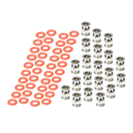 Set of red washers and silver metal washers on a white background