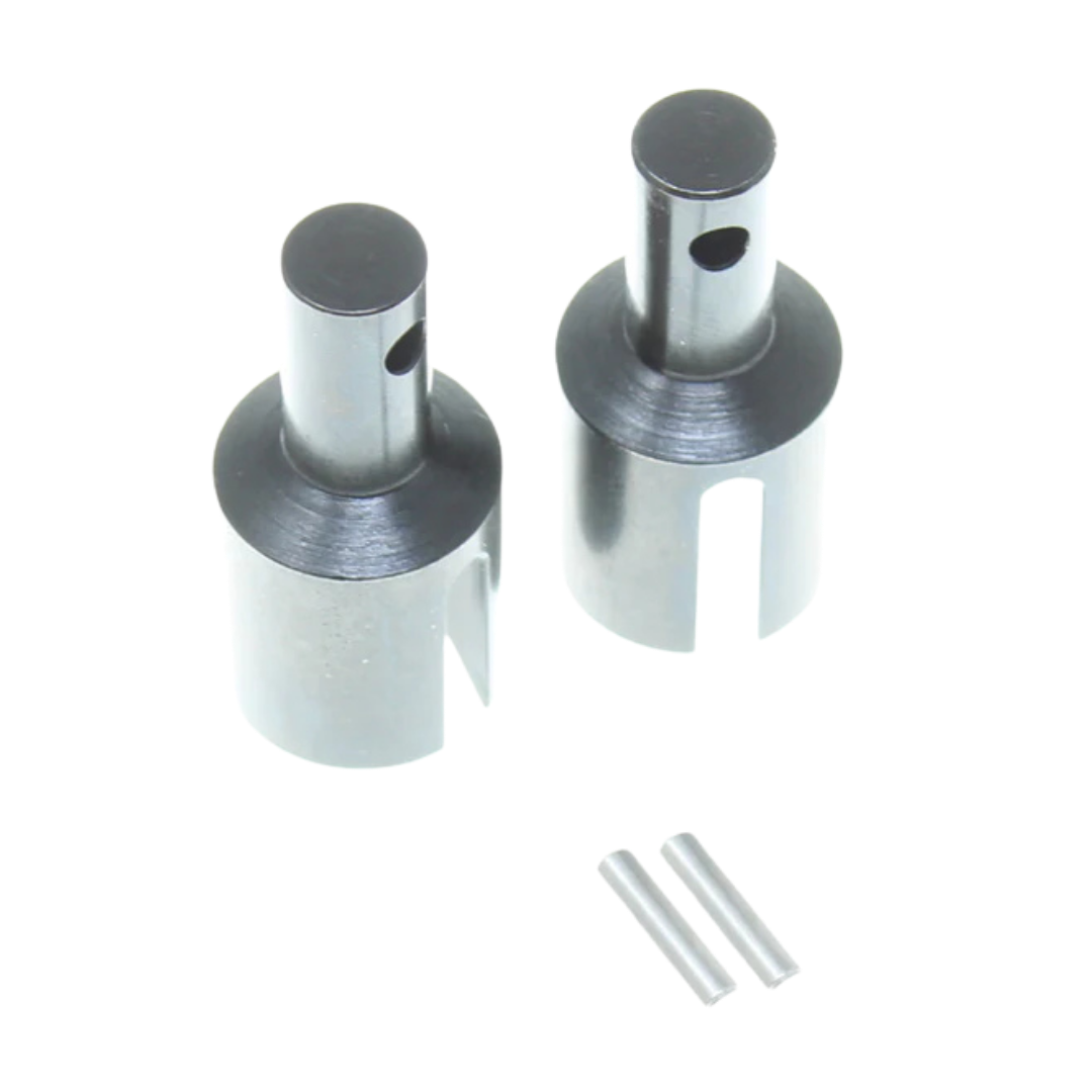 Two metallic cylindrical components with threaded holes on a white background