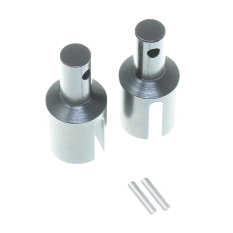 Two metallic cylindrical components with threaded holes on a white background
