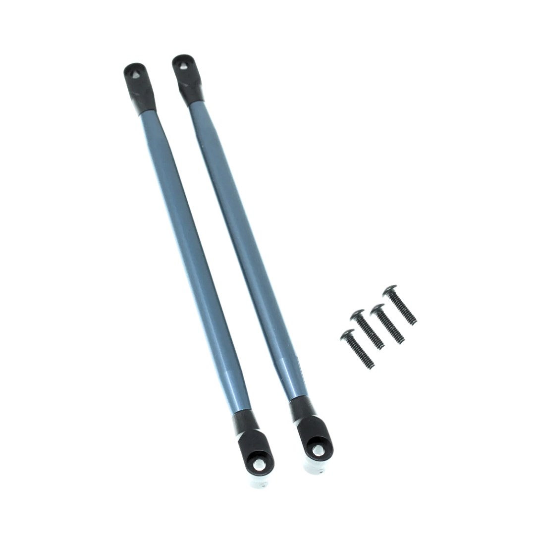 Two blue metal rods with black ends on a white background