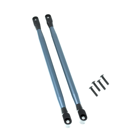 Two blue metal rods with black ends on a white background