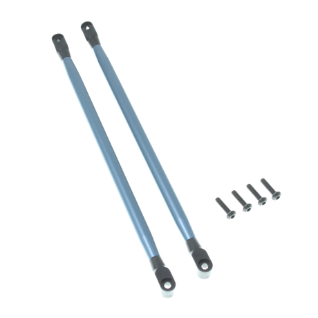 Two blue metal rods with black ends and screws on a white background