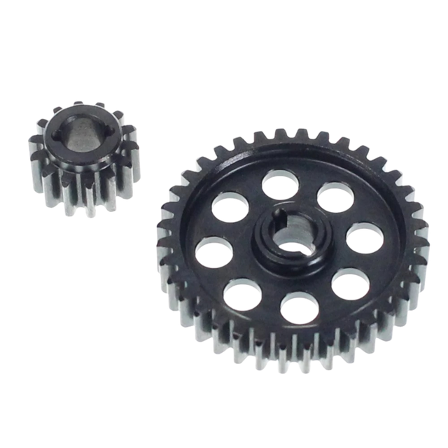 Two black metal gears, one small and one large with circular cutouts, shown on a plain white background.