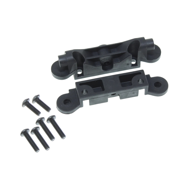 Two black plastic components with screws on a white background