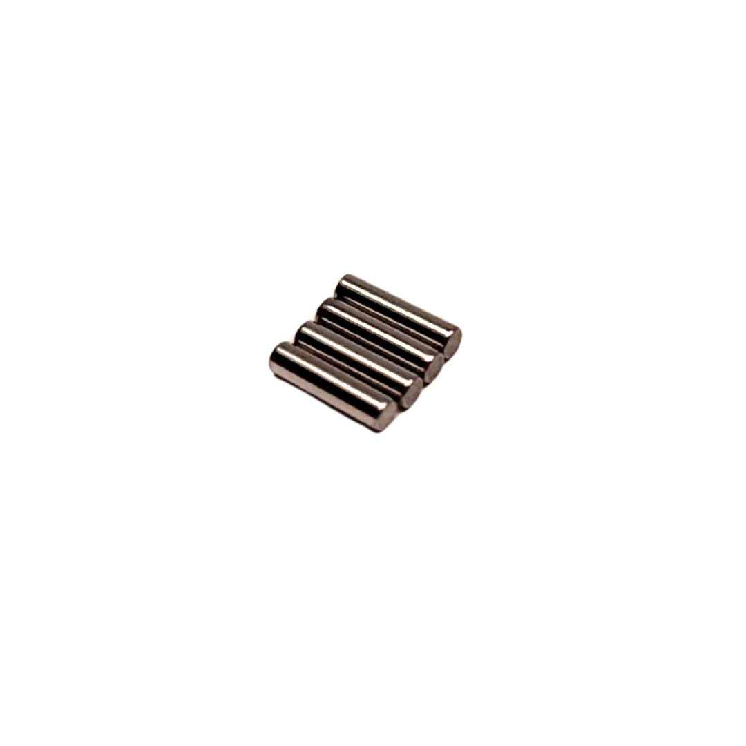 Set of four cylindrical metal pins on a white background
