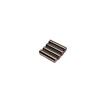 Set of four cylindrical metal pins on a white background