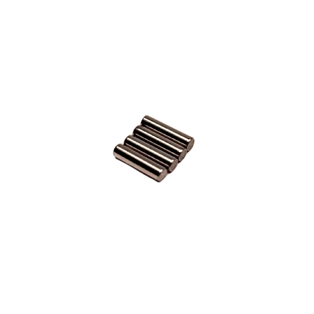 Set of four cylindrical metal pins on a white background