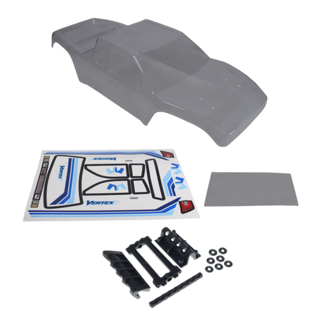 clear RC car body with decals and black parts on a white background